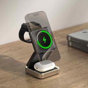 Zinc alloy 3-in-1 wireless charger on desk charging phone, watch, and earbuds