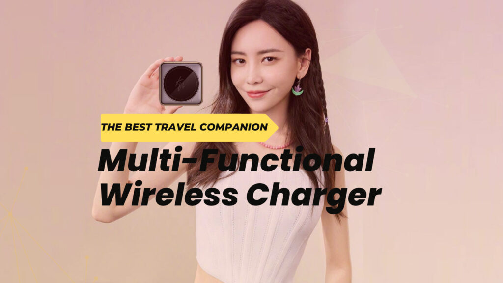 Beautiful woman holding a folded 3-in-1 wireless charger, ideal for travel.