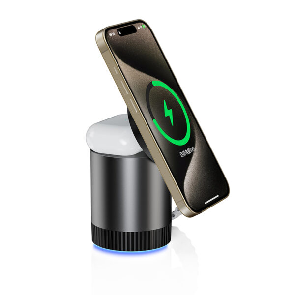 Smartphone and wireless earbuds charging on a magnetic 3-in-1 wireless charger.