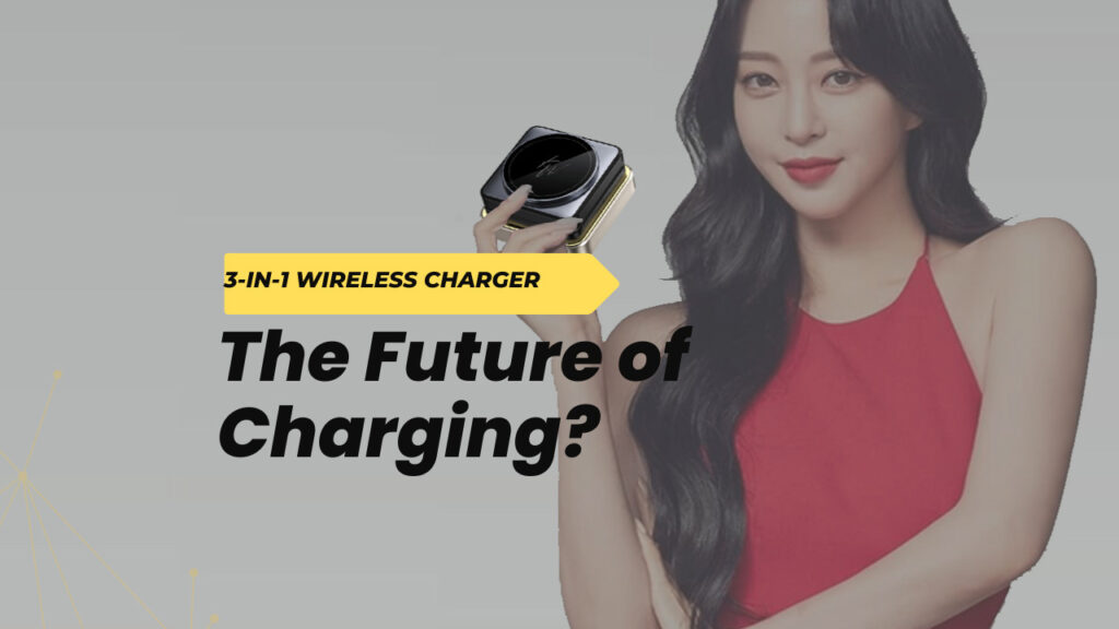 Beautiful woman holding a folded 3-in-1 wireless charger, ideal for travel.