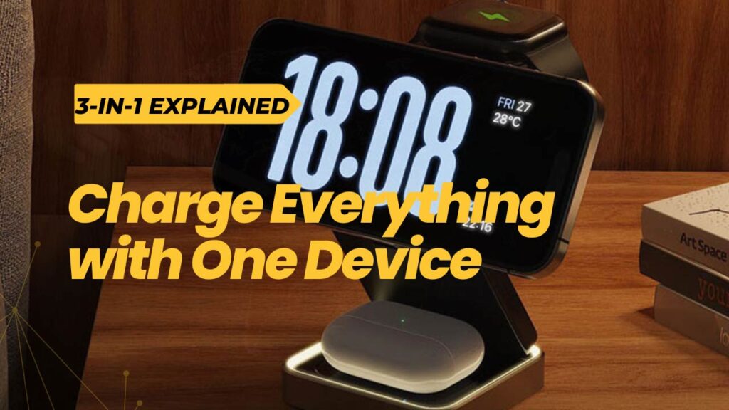 3-in-1 wireless charger with smartphone, Apple Watch, and AirPods charging at night.