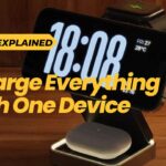 3-in-1 wireless charger with smartphone, Apple Watch, and AirPods charging at night.