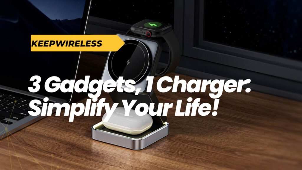 Front view of a 3-in-1 wireless charger placed on a desk, showing phone, watch, and earbuds charging simultaneously